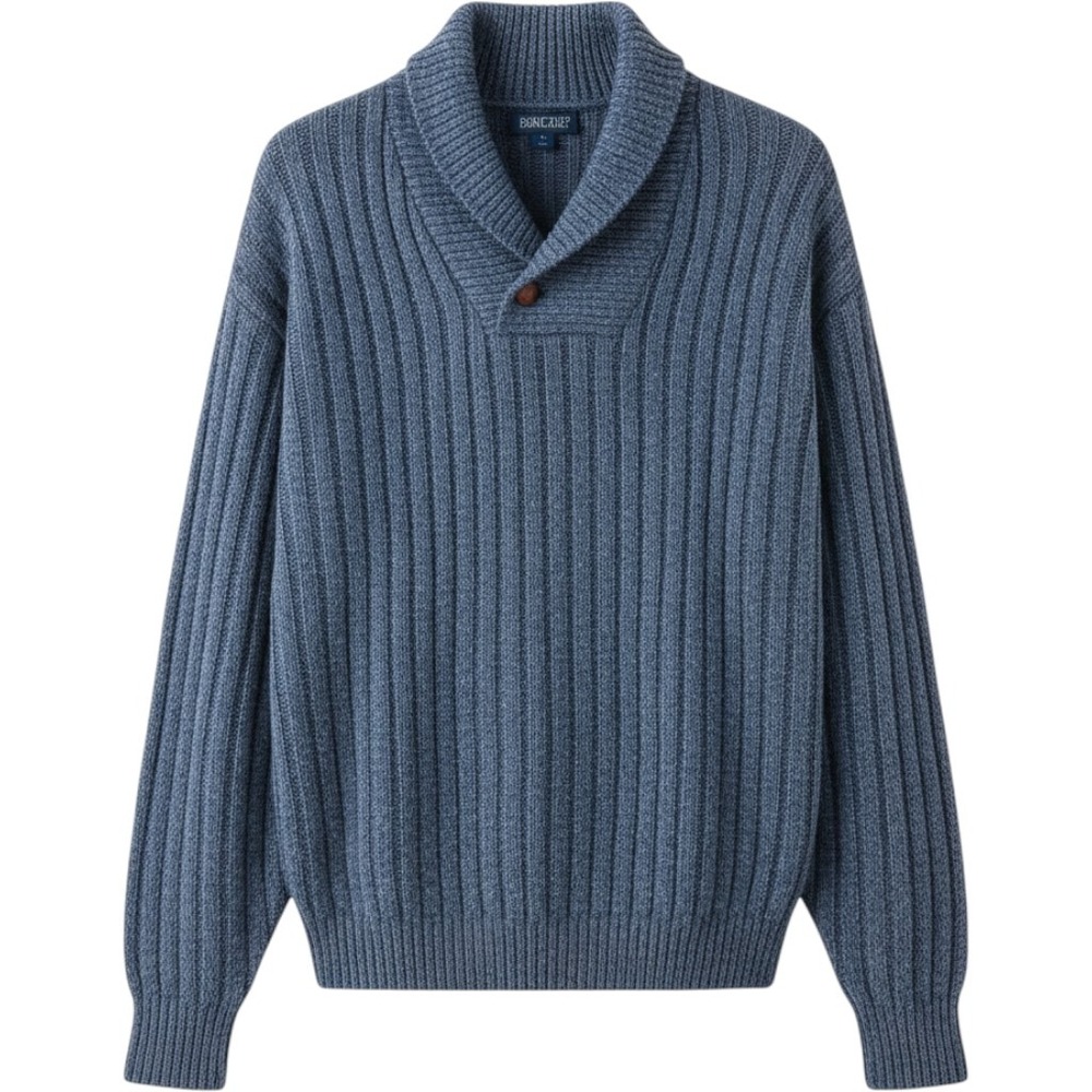 Lands End Mens Blue Ribbed Wool Blend Shawl Collar Sweater Large Made in USA